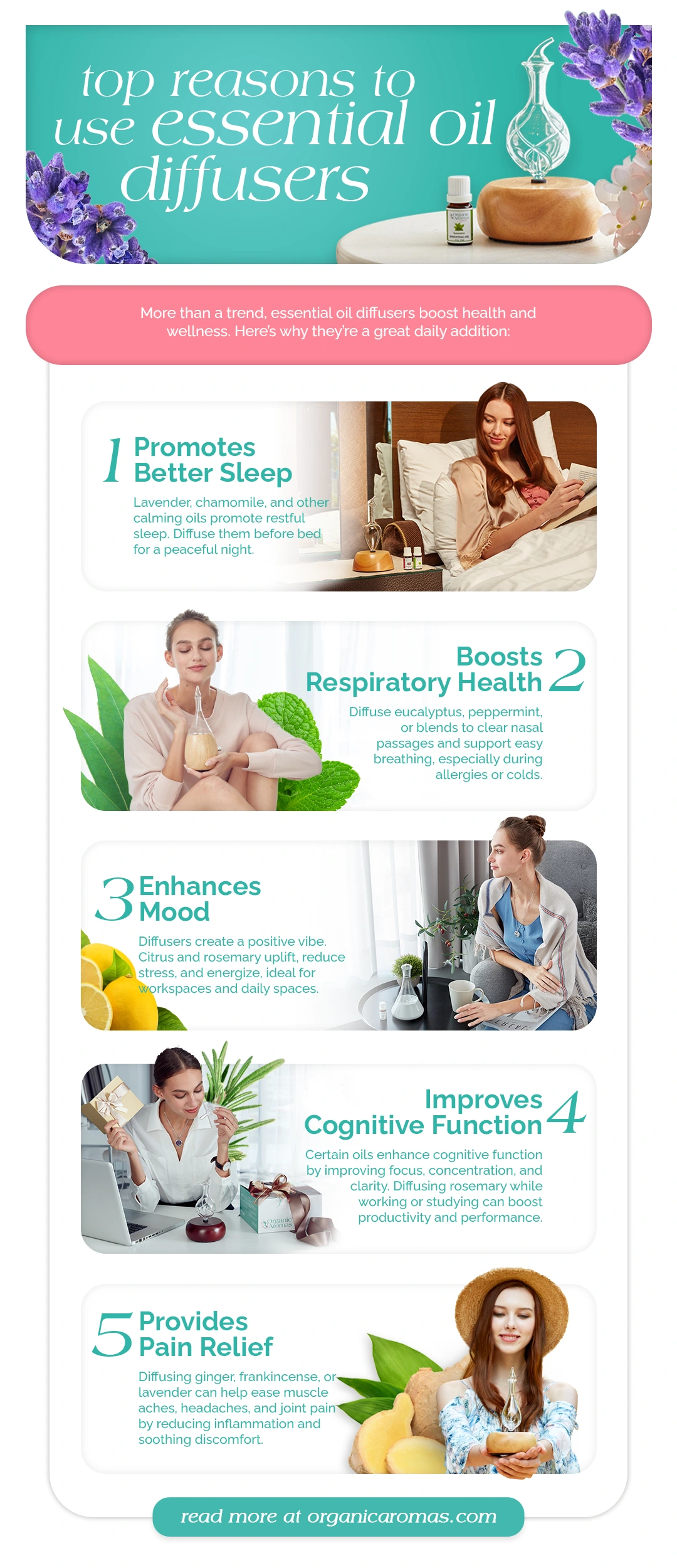 Top Reasons to use Essential Oil Diffusers Infographic by Organic Aromas