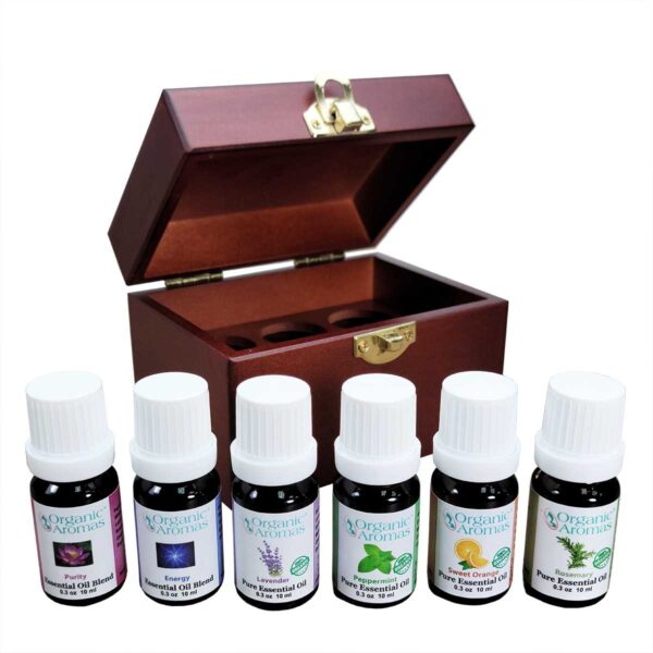 Wooden Box of 6 Essential Oils Dark Wood Open Box