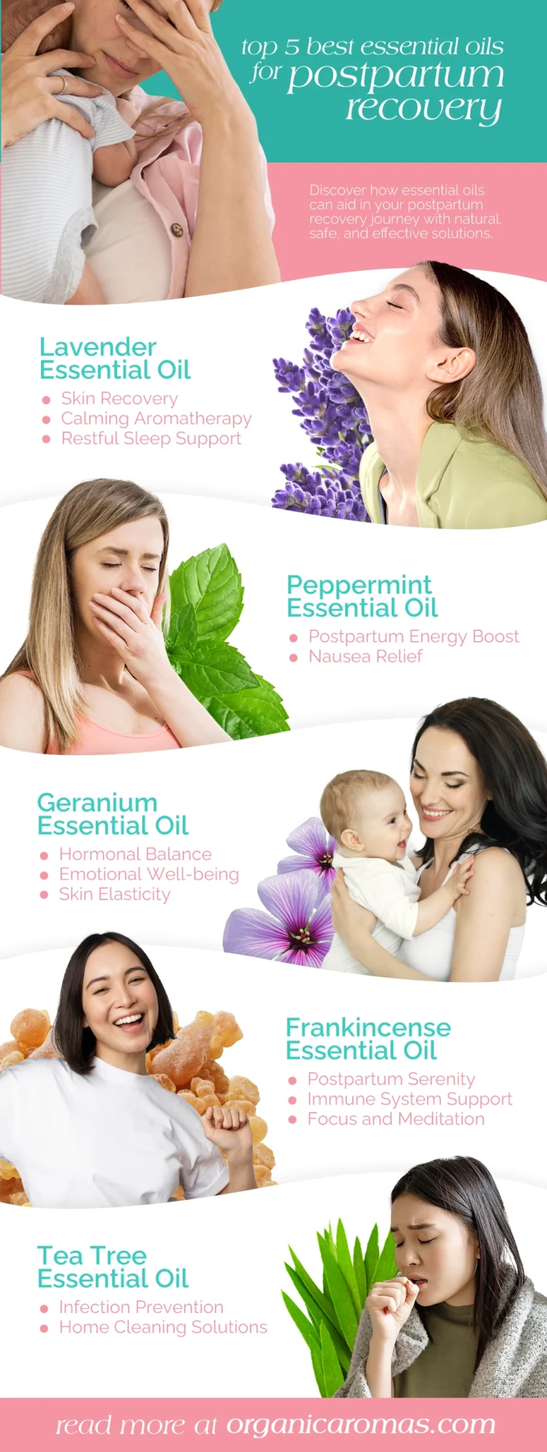 Top 5 Best Essential Oils for Postpartum Recovery Infographic by Organic Aromas