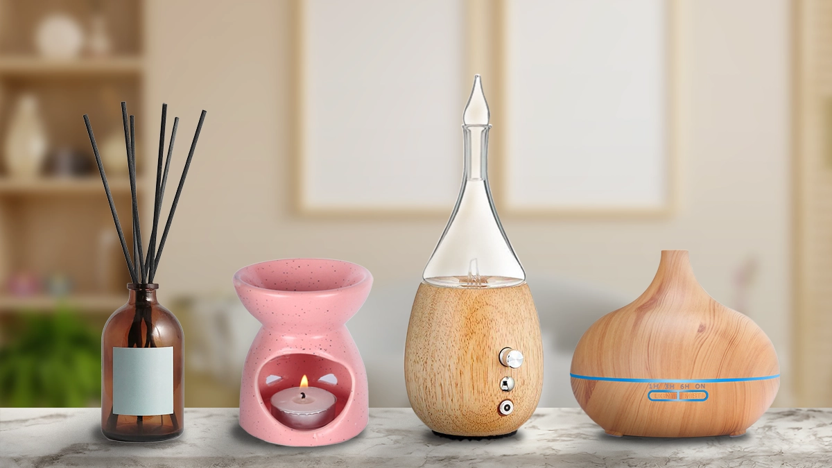 A variety of stylish essential oil diffusers on a shelf