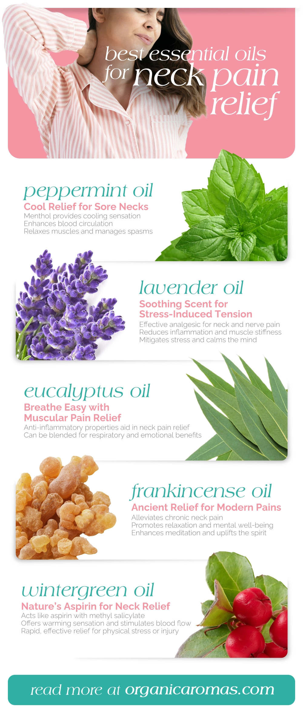 Best Essential Oils for Neck Pain Relief Infographic by Organic Aromas