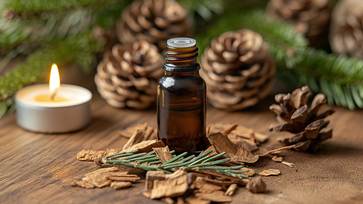 Cedarwood essential oil with pine cones and wood shavings, symbolizing grounding and spiritual protection