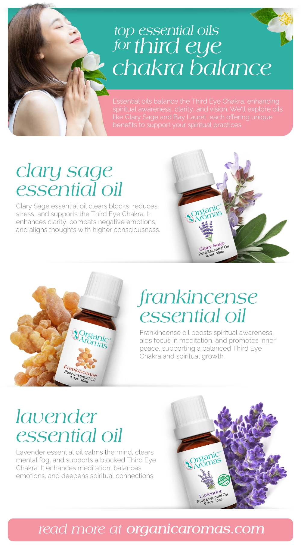 Essential Oils for Third Eye Chakra Balance Infographic by Organic Aromas