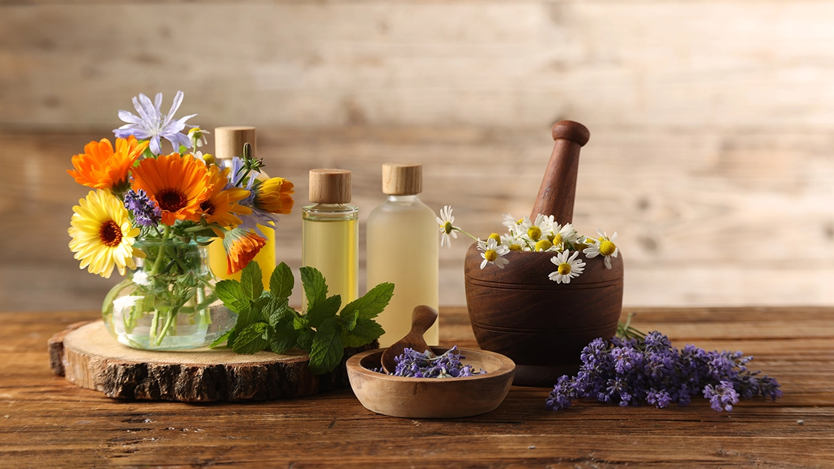 Bottles of essential oils with flowers and herbs used to create soothing DIY anti-itch remedies for calming irritated skin