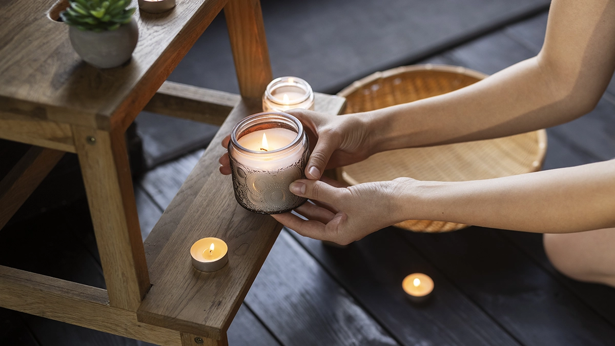 A person places a lit aromatherapy candle on a wooden stool, surrounded by other candles. Aromatherapy with scents like rosemary or peppermint can enhance focus—use candles, diffusers, or topical oils to create a study-friendly atmosphere.