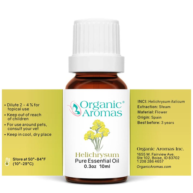 Helichrysum-10ml-Spread a bottle of Helichrysum Essential Oil with yellow labels