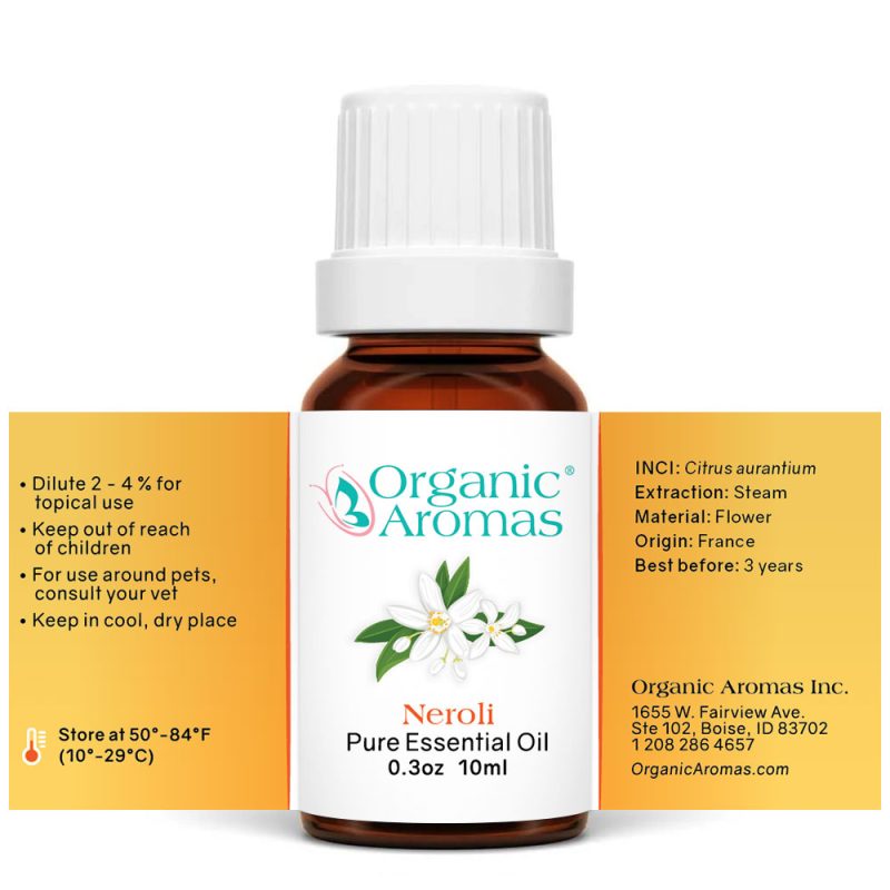 Neroli-10ml-Spread a bottle of Neroli Essential Oil with instructions
