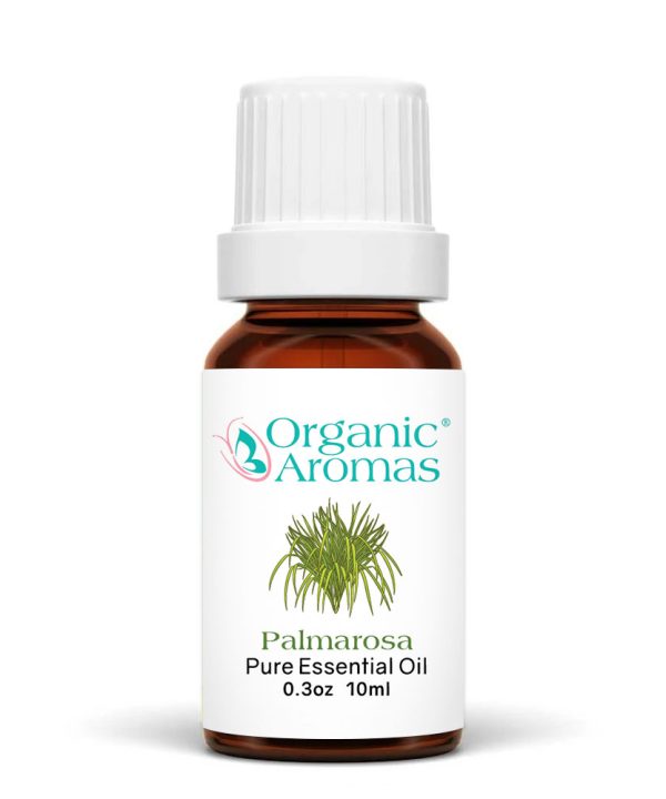 a brown bottle with a white cap of Palmarosa Essential Oil