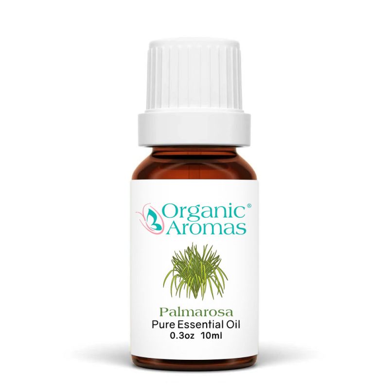 a brown bottle with a white cap of Palmarosa Essential Oil