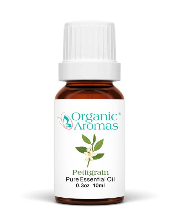 a brown bottle with a white cap of the Petitgrain Essential Oil