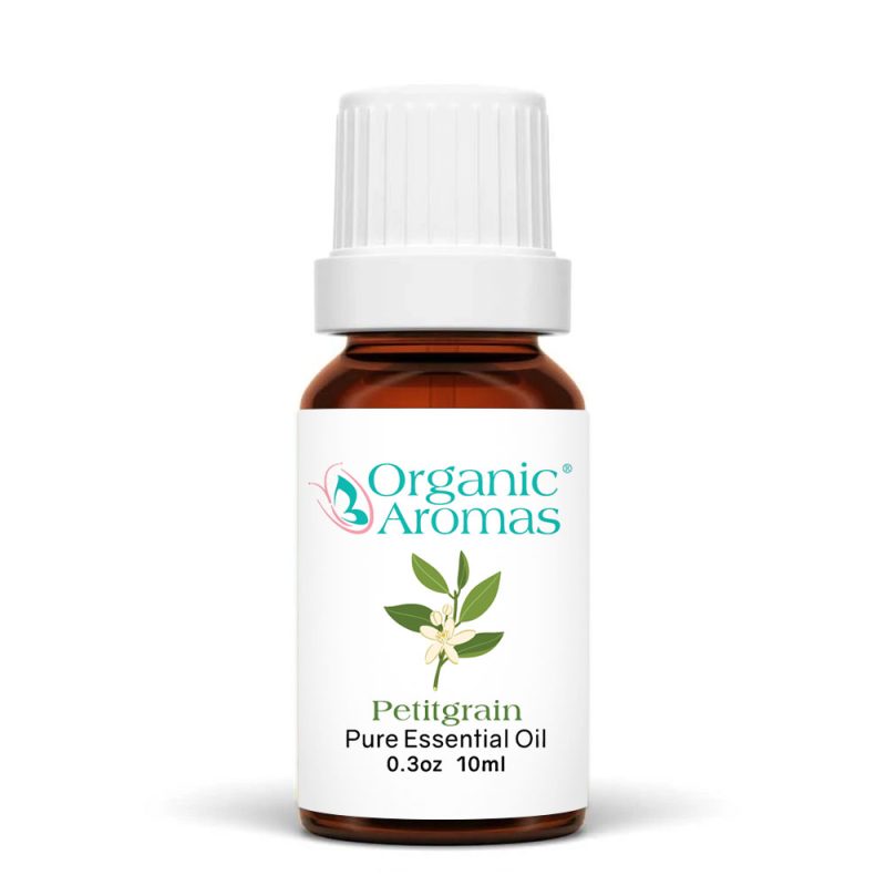 a brown bottle with a white cap of the Petitgrain Essential Oil