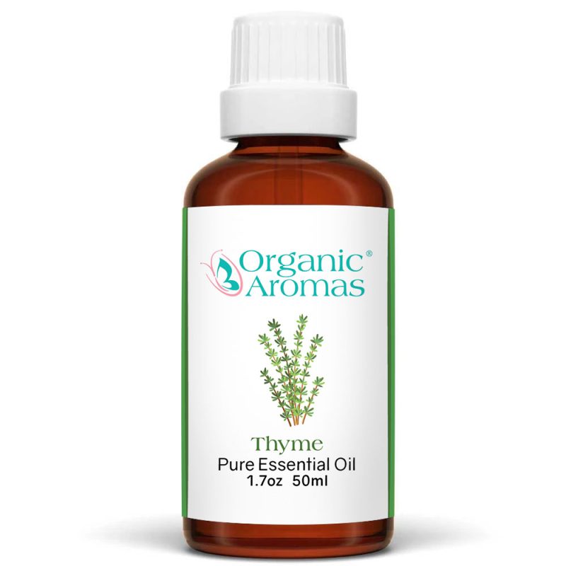 Thyme Essential Oil-50ml a brown bottle with a white cap of the Thyme Essential Oil-50ml
