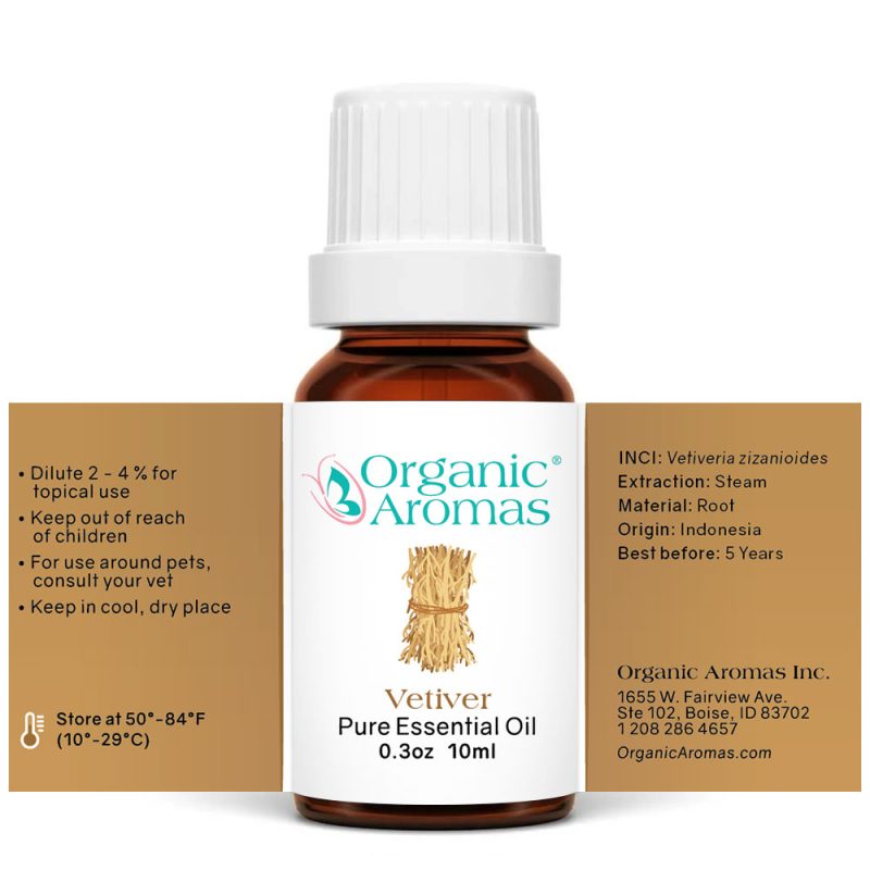 Vetiver-10ml-Spread a brown bottle of Vetiver Essential Oil with a white cap