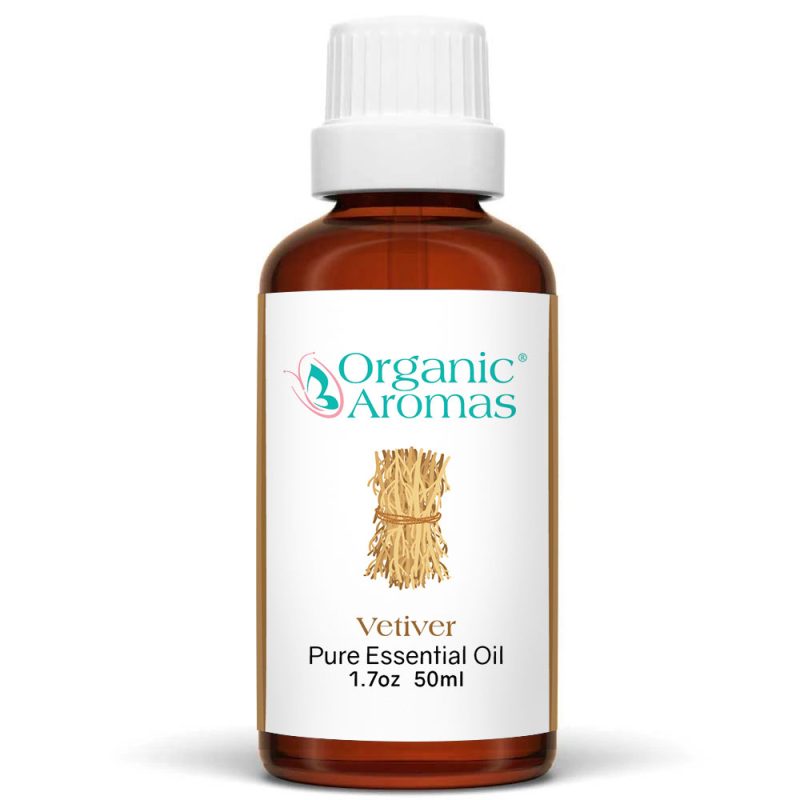 Vetiver-50ml a brown bottle of Vetiver Essential Oil with a white label