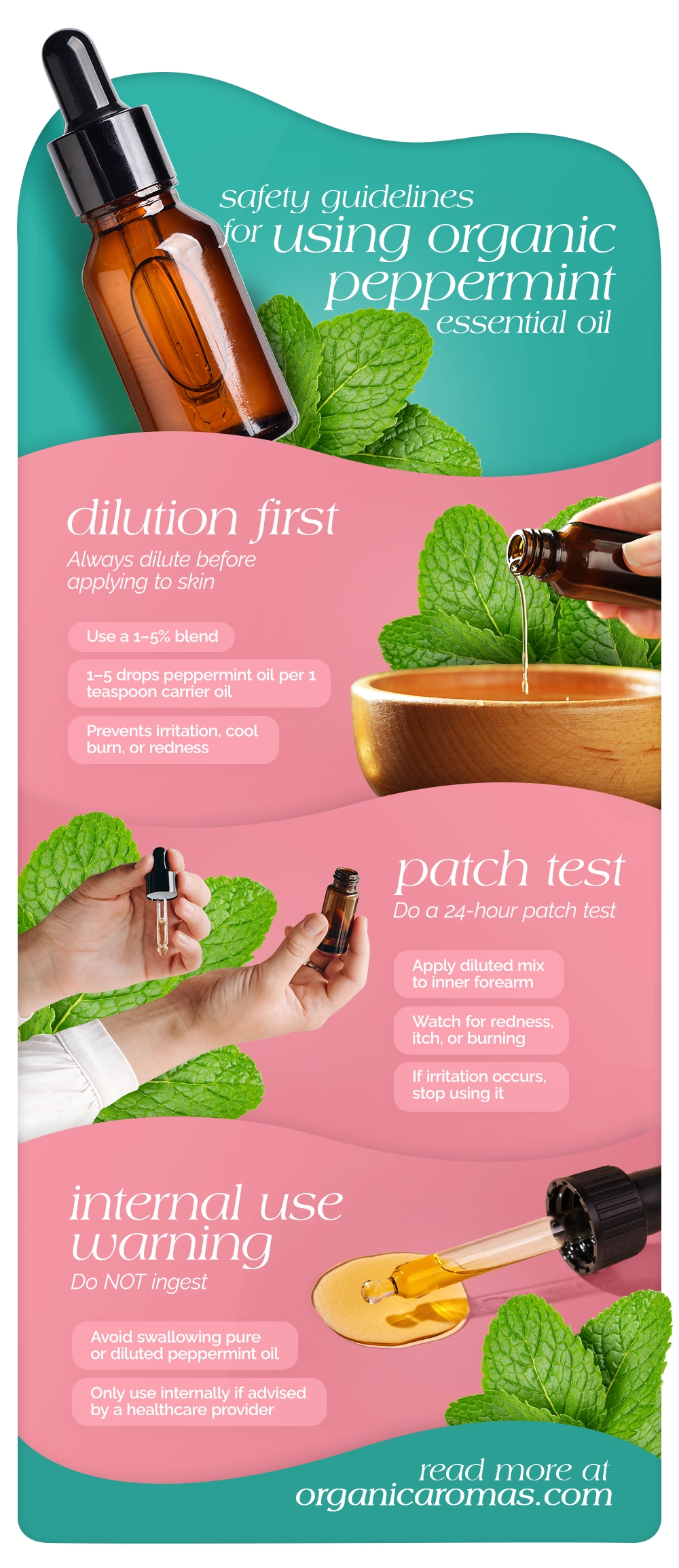 Safety Guidelines for Using Organic Peppermint Essential Oil INfographic by Organic Aromas