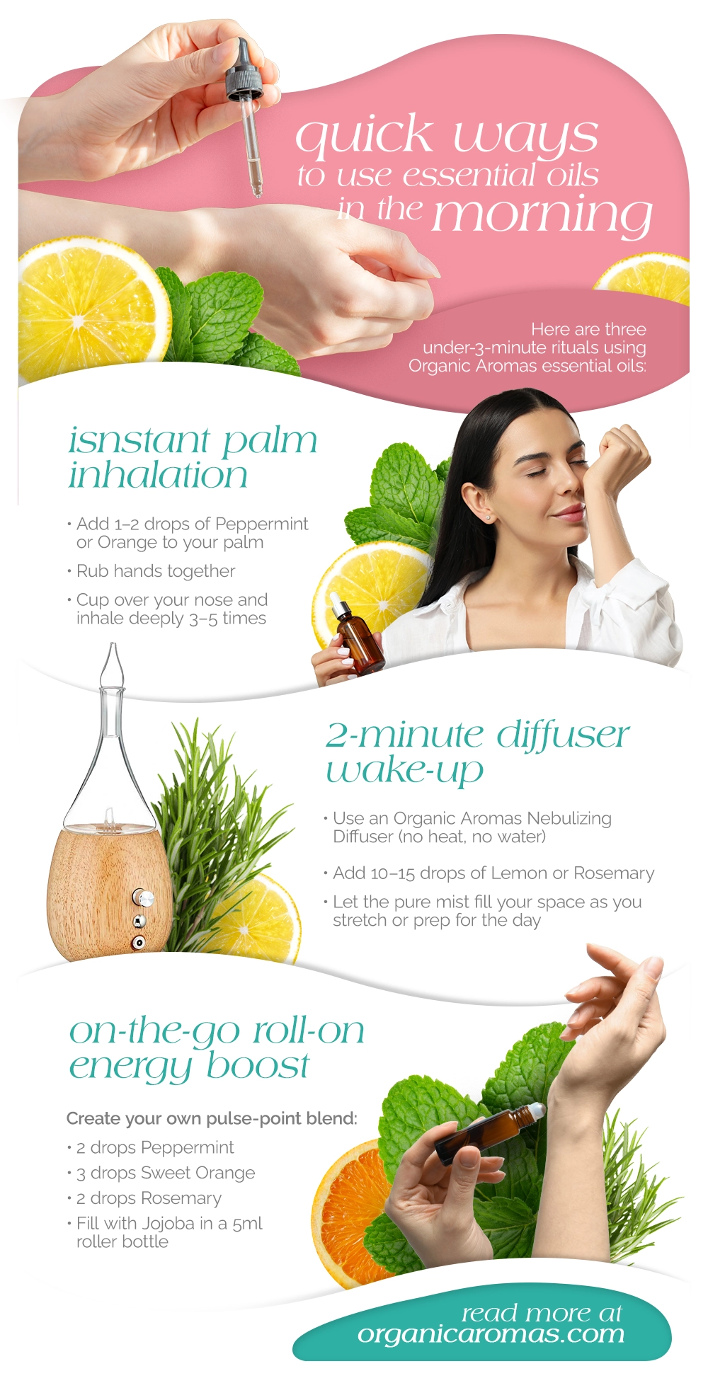 Quick Ways to Use Essential Oils in the Morning Infographic by Organic Aromas