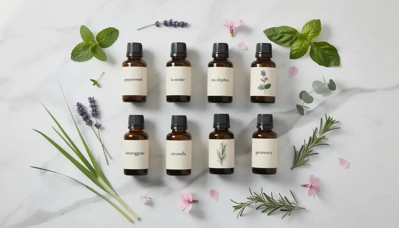 Eight essential oil bottles for natural fly repellent - peppermint lavender eucalyptus basil