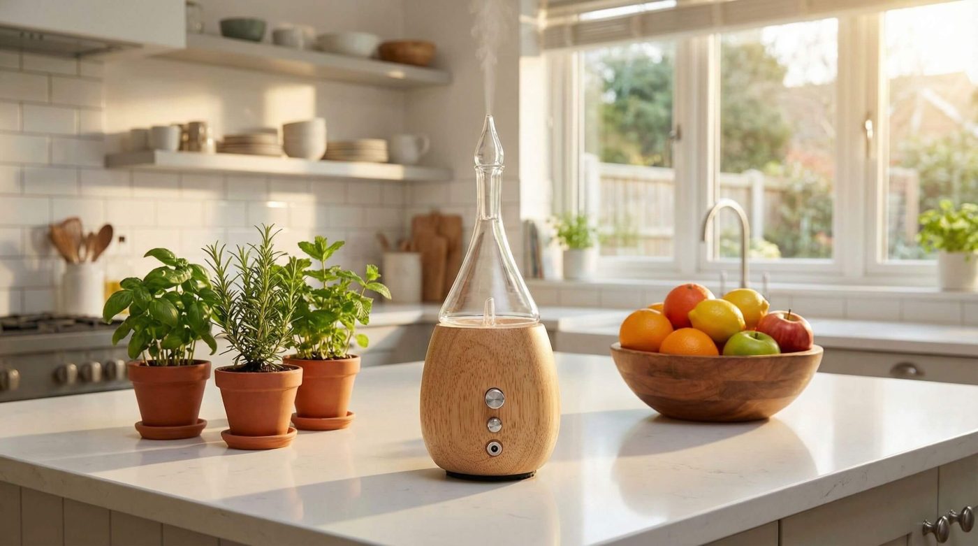 Organic Aromas Raindrop nebulizing diffuser in bright kitchen - natural fly repellent