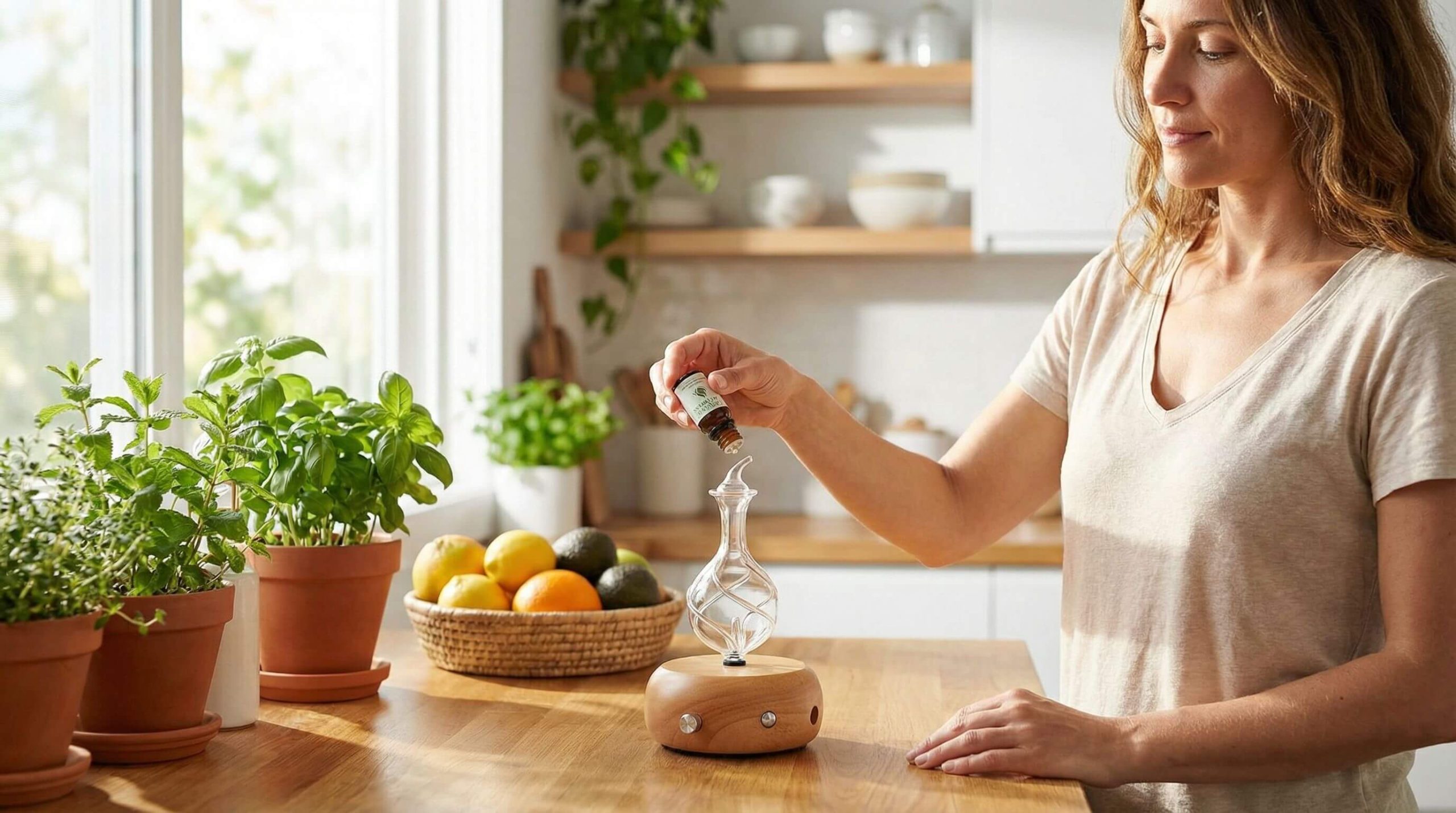 Woman using Organic Aromas Radiance nebulizing diffuser in kitchen for fly control