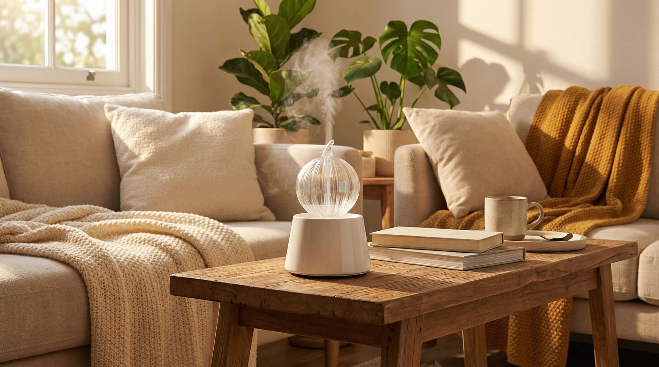 Organic Aromas Aurora nebulizing diffuser in living room for indoor fly control