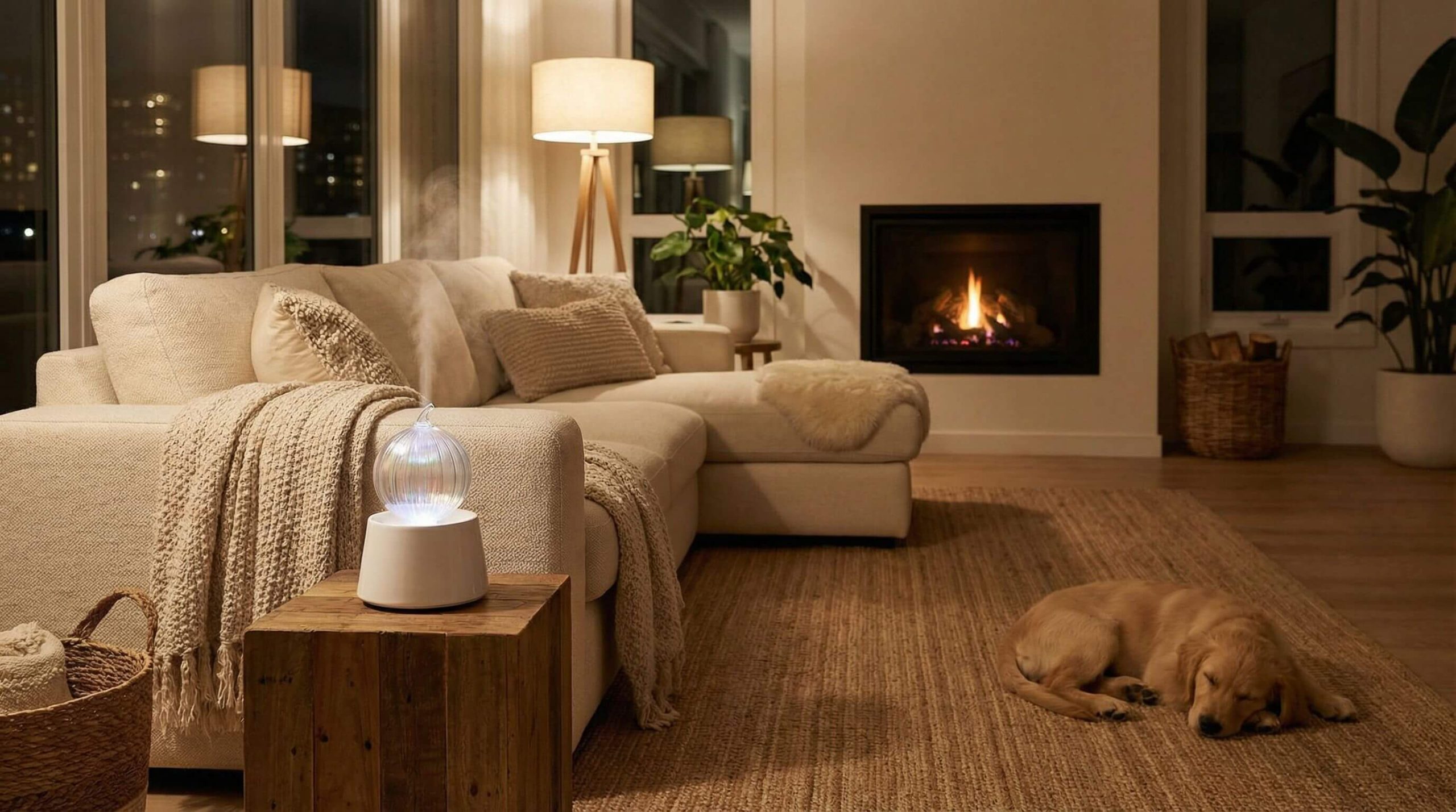 Organic Aromas Aurora nebulizing diffuser in a safe family living space with warm natural lighting