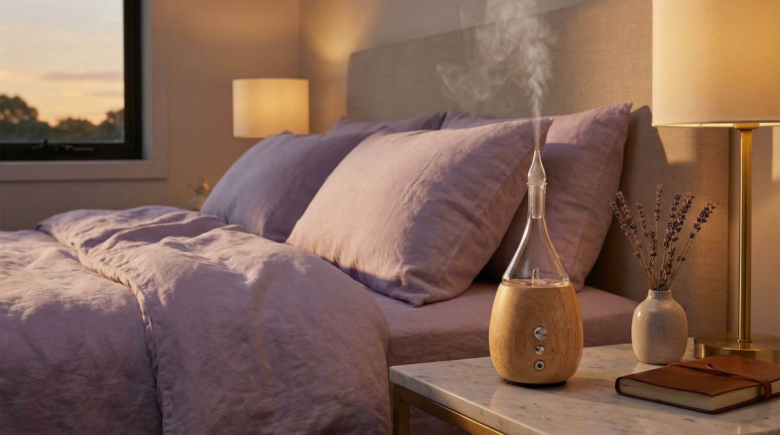 Organic Aromas Raindrop nebulizing diffuser in a serene bedroom setting promoting restful sleep