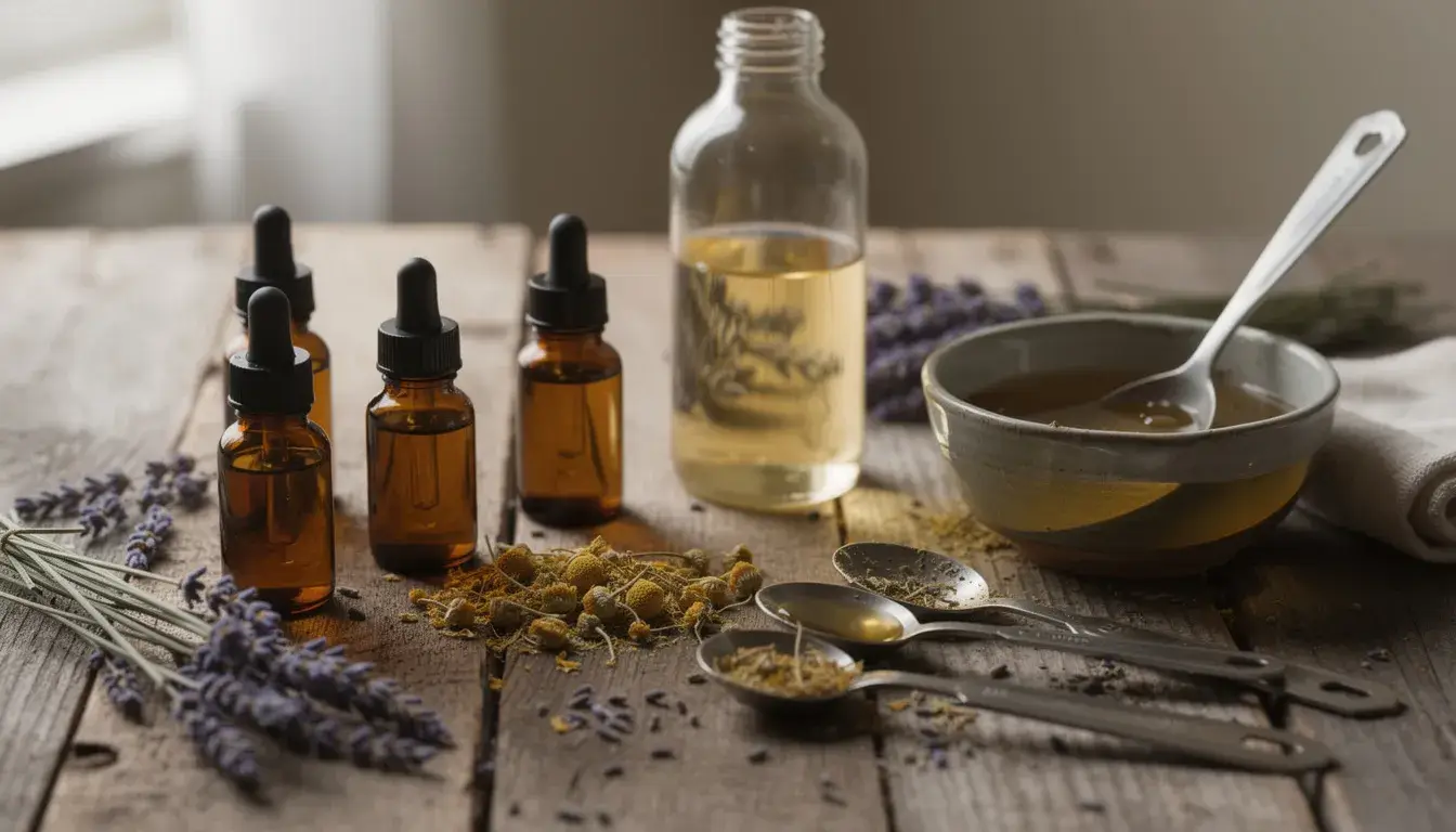 Essential oil blending supplies with dropper bottles and fresh botanical ingredients on natural wood surface