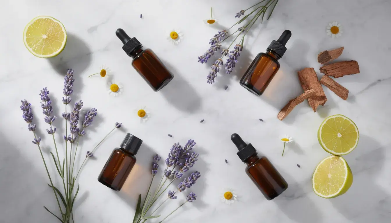 Eight amber glass essential oil bottles arranged elegantly with fresh herbs on white marble surface