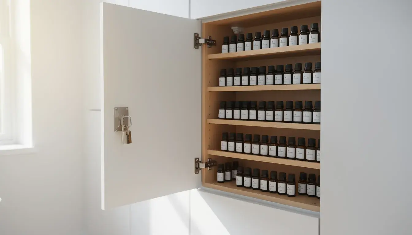 Organized essential oil storage cabinet for safe keeping around pets