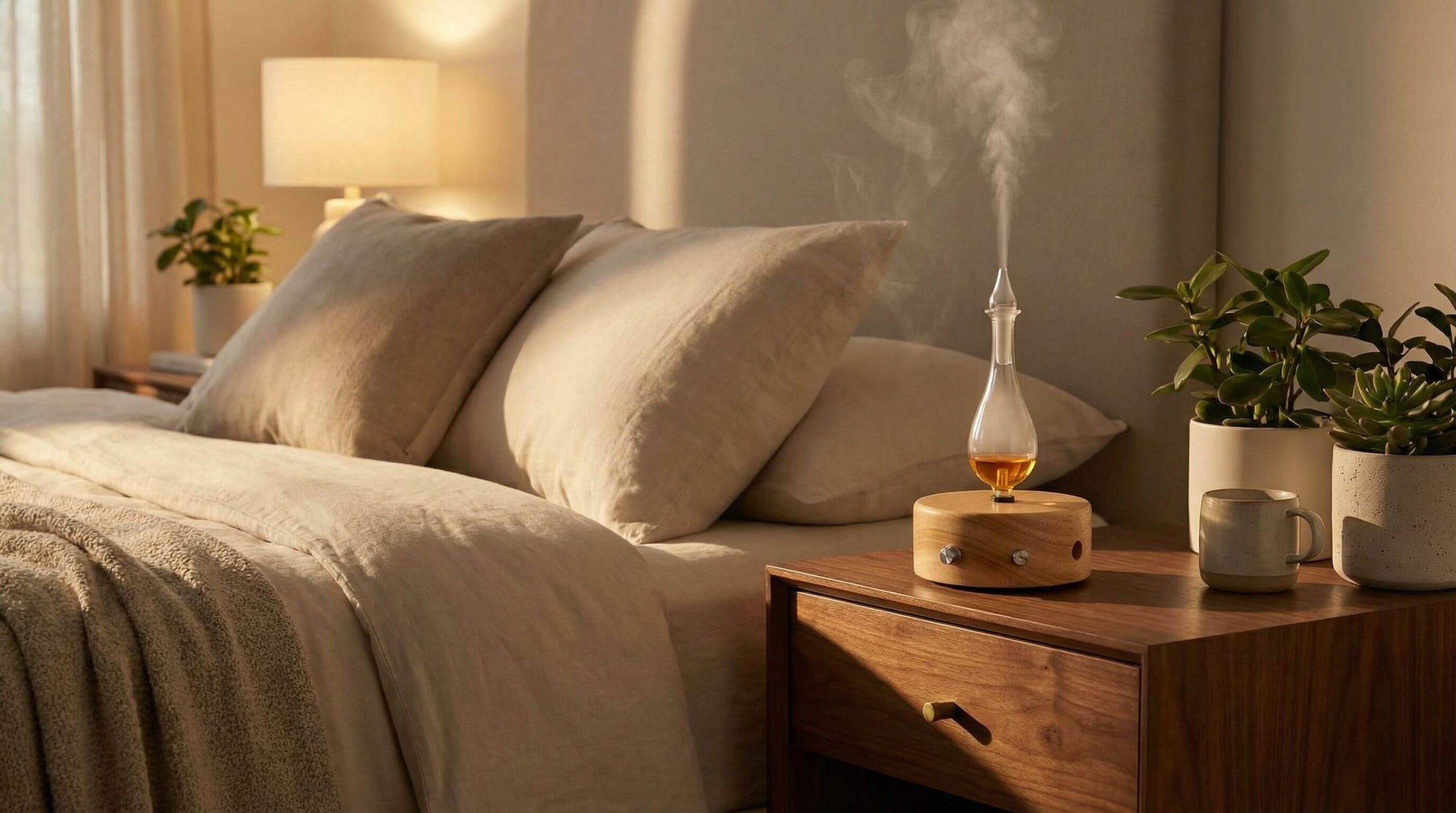 Organic Aromas Radiance nebulizing diffuser in peaceful bedroom setting