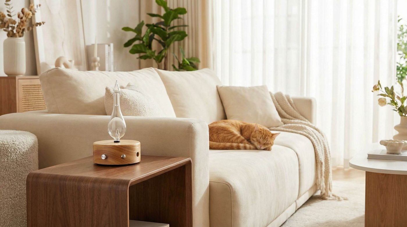 Organic Aromas Tranquility nebulizing diffuser in a living room with a relaxed cat at safe distance