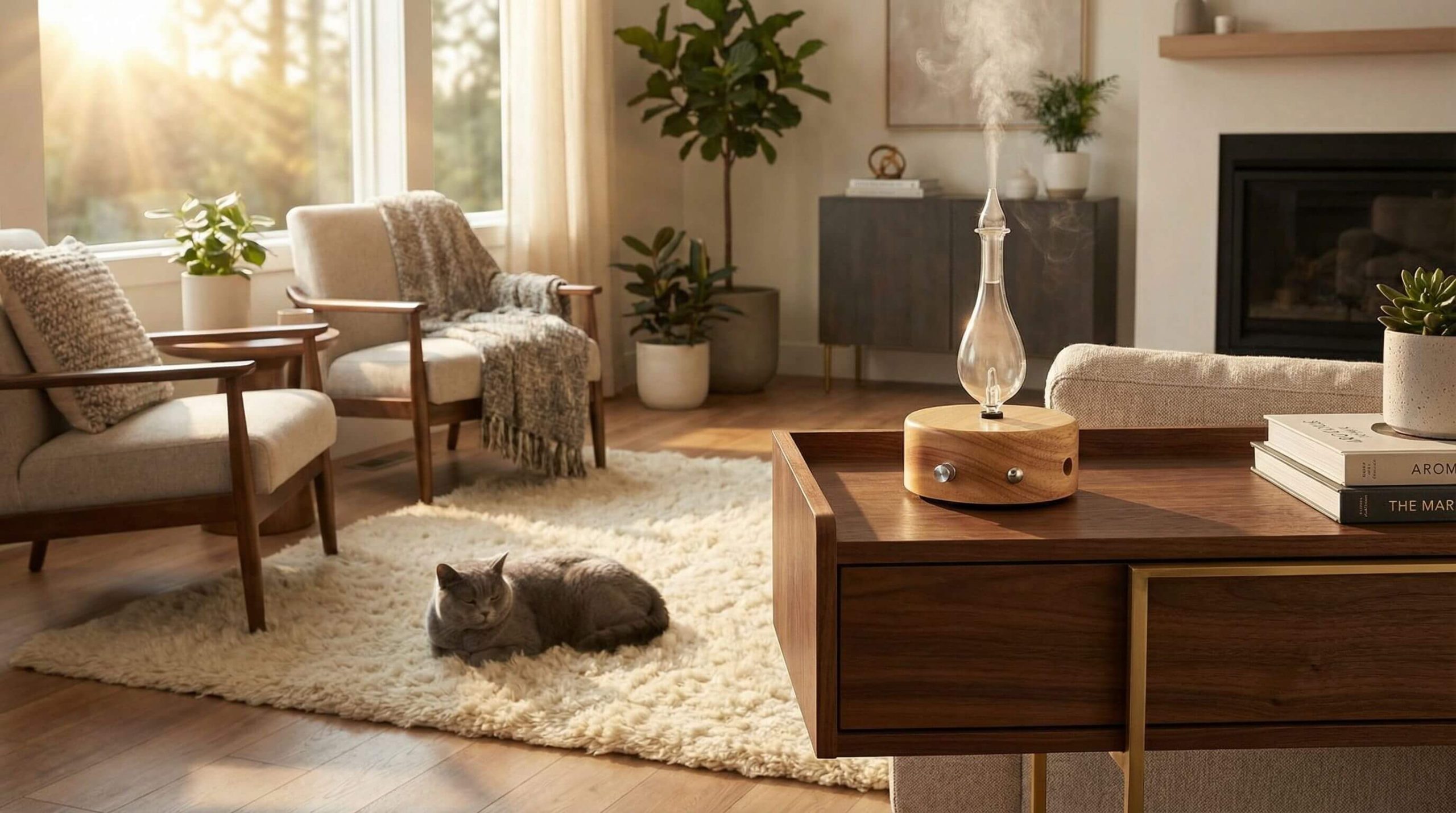 Organic Aromas Tranquility diffuser with cat safely relaxing nearby