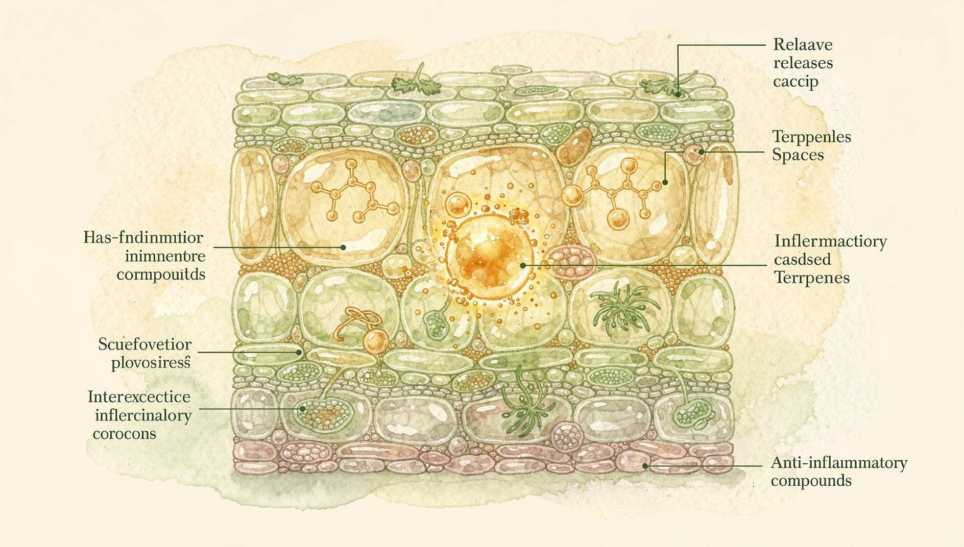 Scientific illustration of anti-inflammatory compounds in essential oils