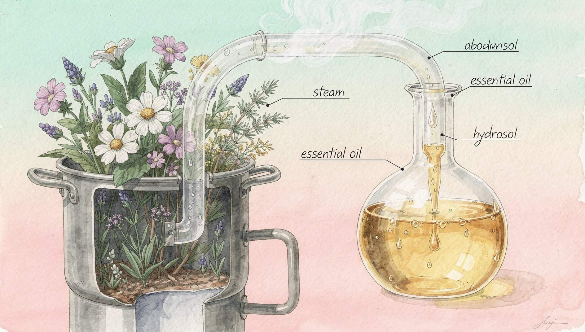 Botanical essential oil extraction through steam distillation of fresh flowers and herbs