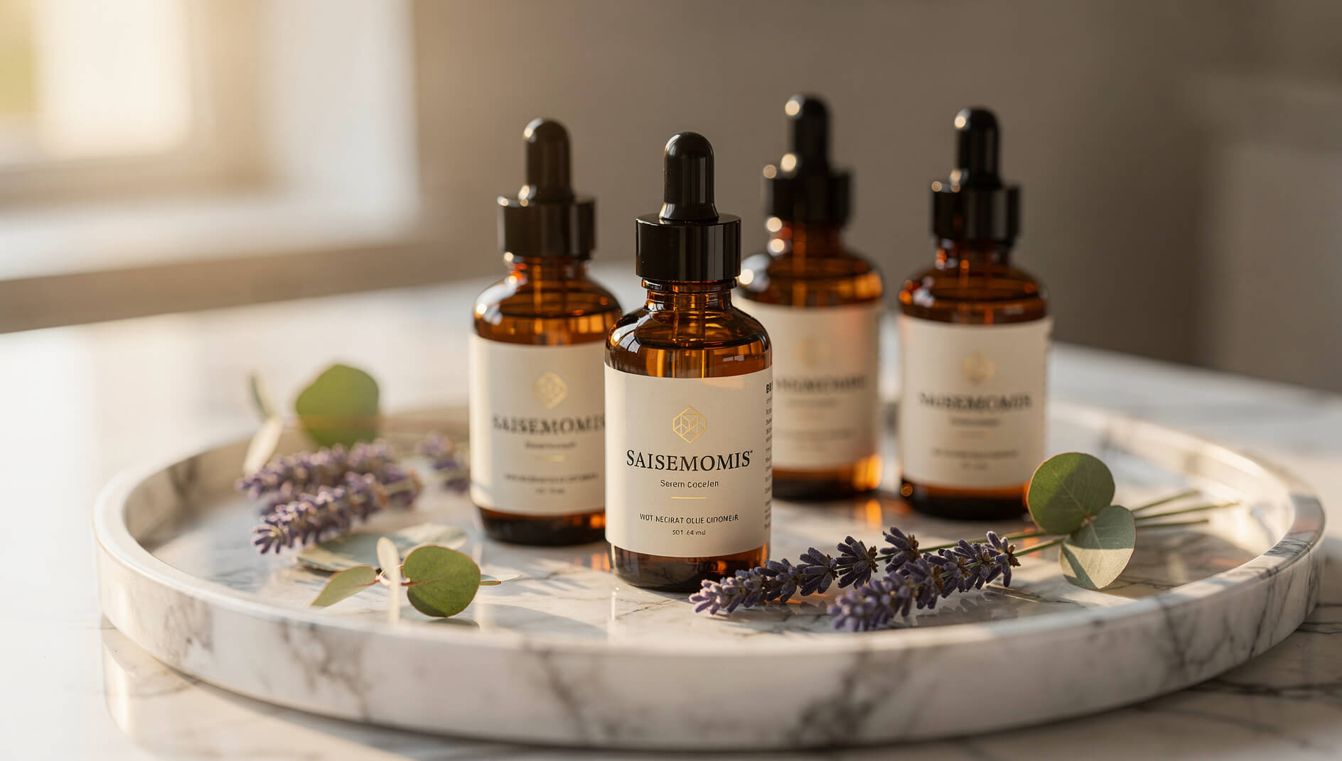 Aromatherapy essential oils collection with lavender and eucalyptus in elegant spa setting