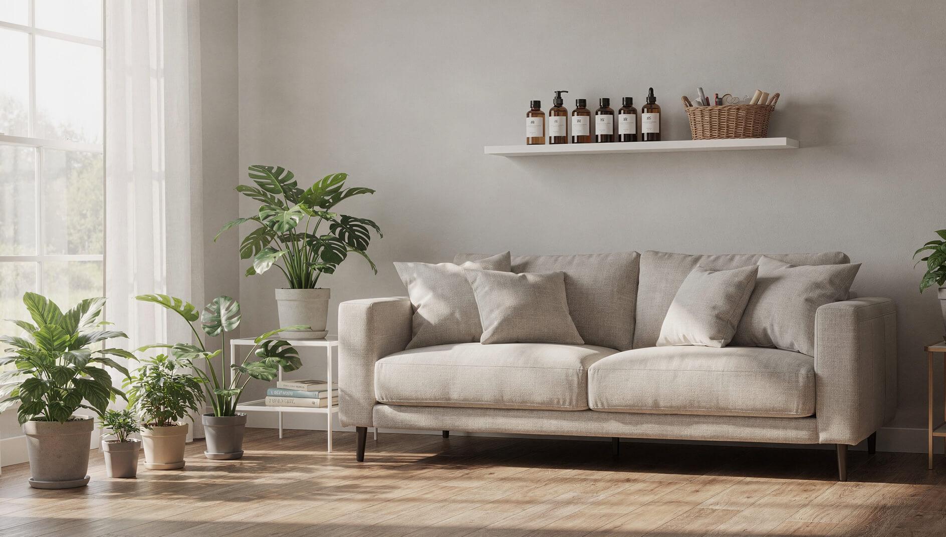 Safe home environment with essential oils stored properly on shelf with plants