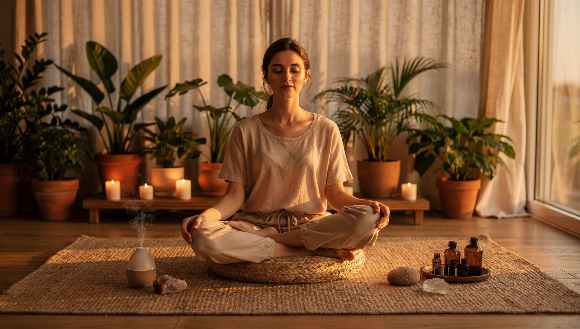 Woman enjoying aromatherapy wellness and relaxation in serene meditation space