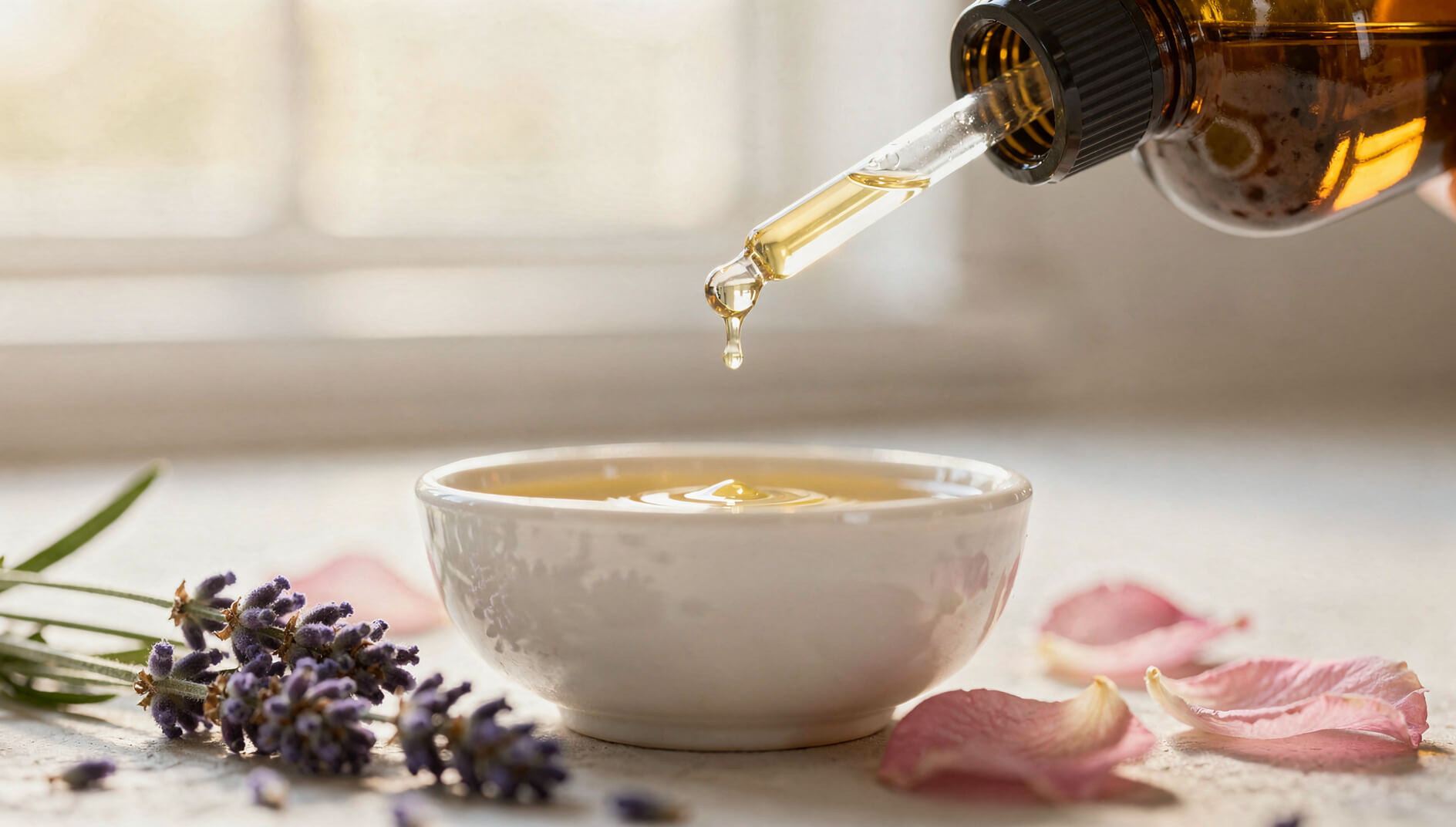 Essential oil dropper dispensing into a ceramic bowl with fresh lavender