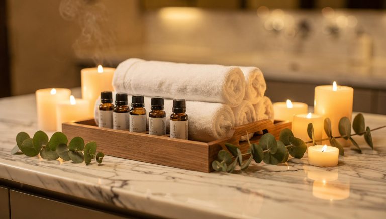 Elegant aromatherapy spa setting with essential oil bottles, candles, and white towels