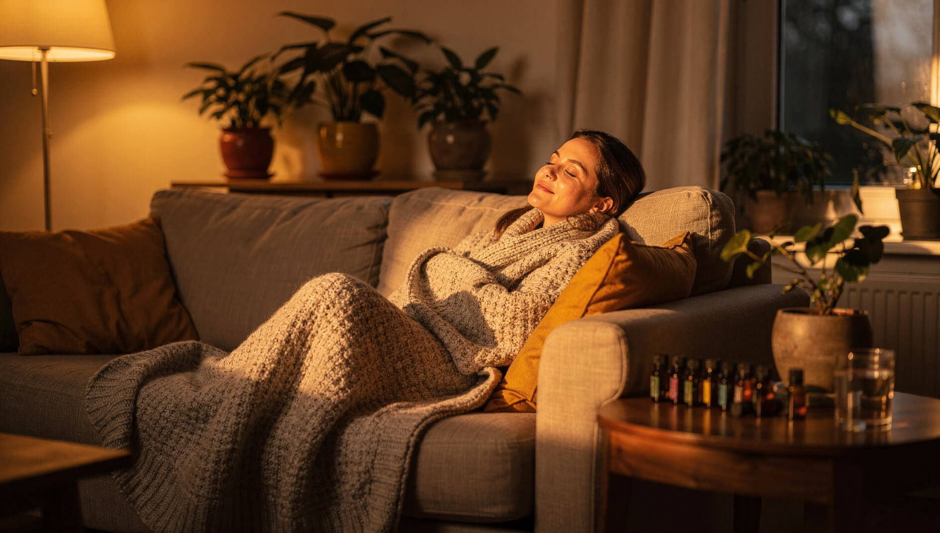 Woman relaxing in cozy living room with aromatherapy essential oils