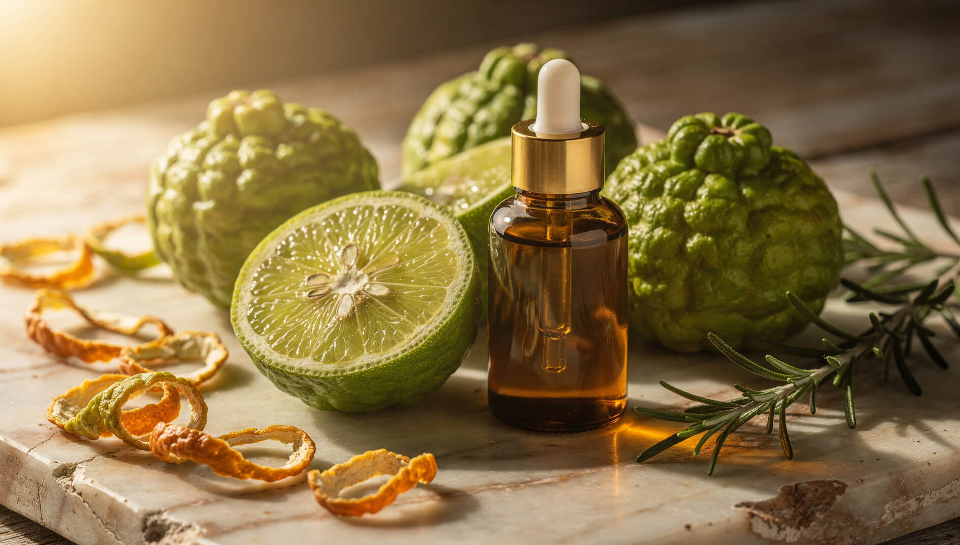 Fresh bergamot citrus fruits with amber essential oil bottle on marble surface