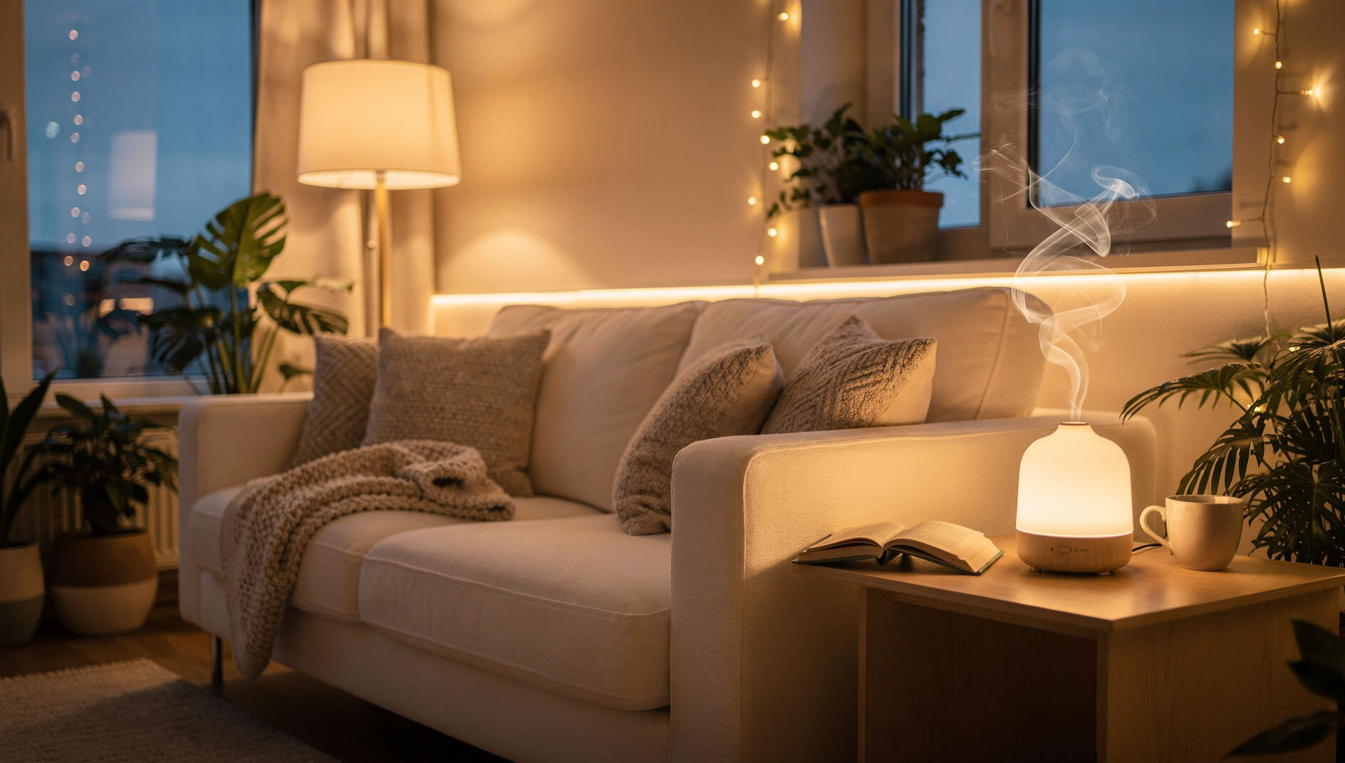 Cozy modern living room with essential oil diffuser creating warm aromatherapy ambiance