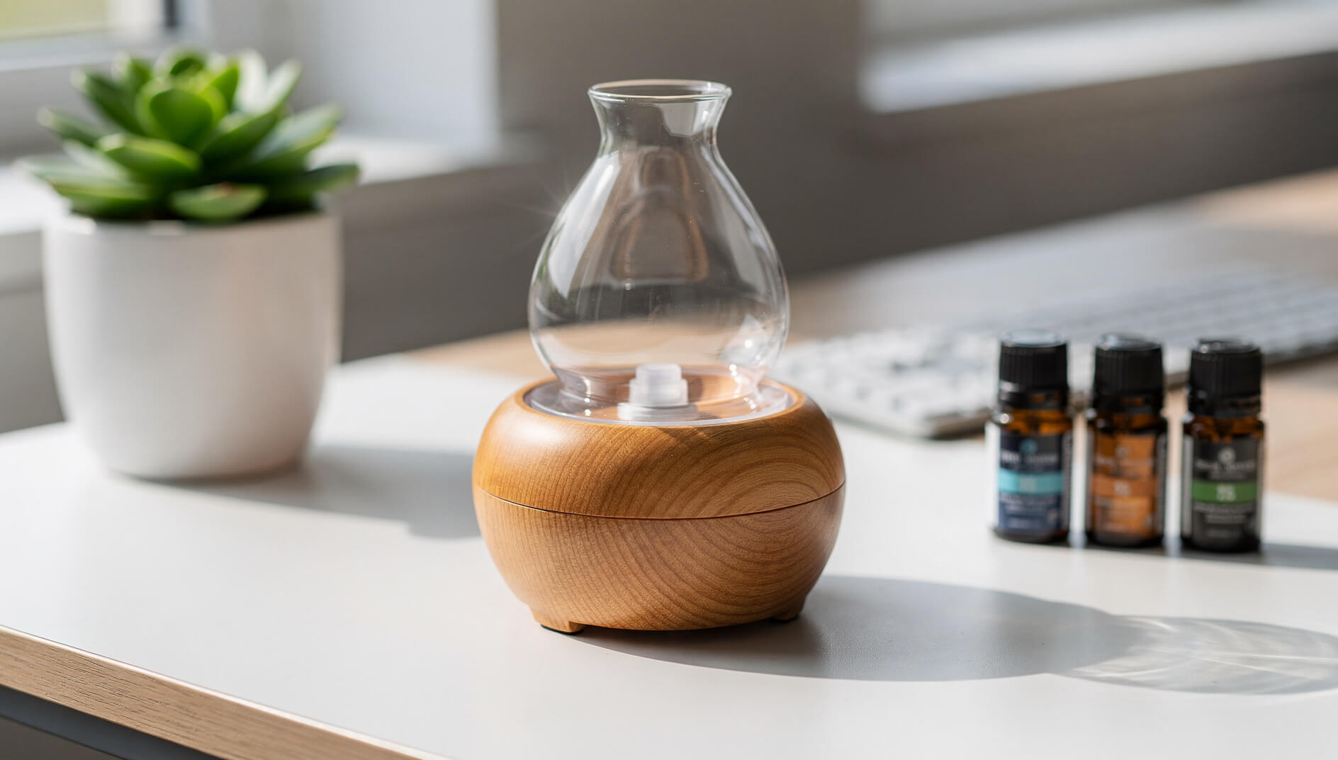Nebulizing diffuser on office desk for daily anti-inflammatory wellness routine