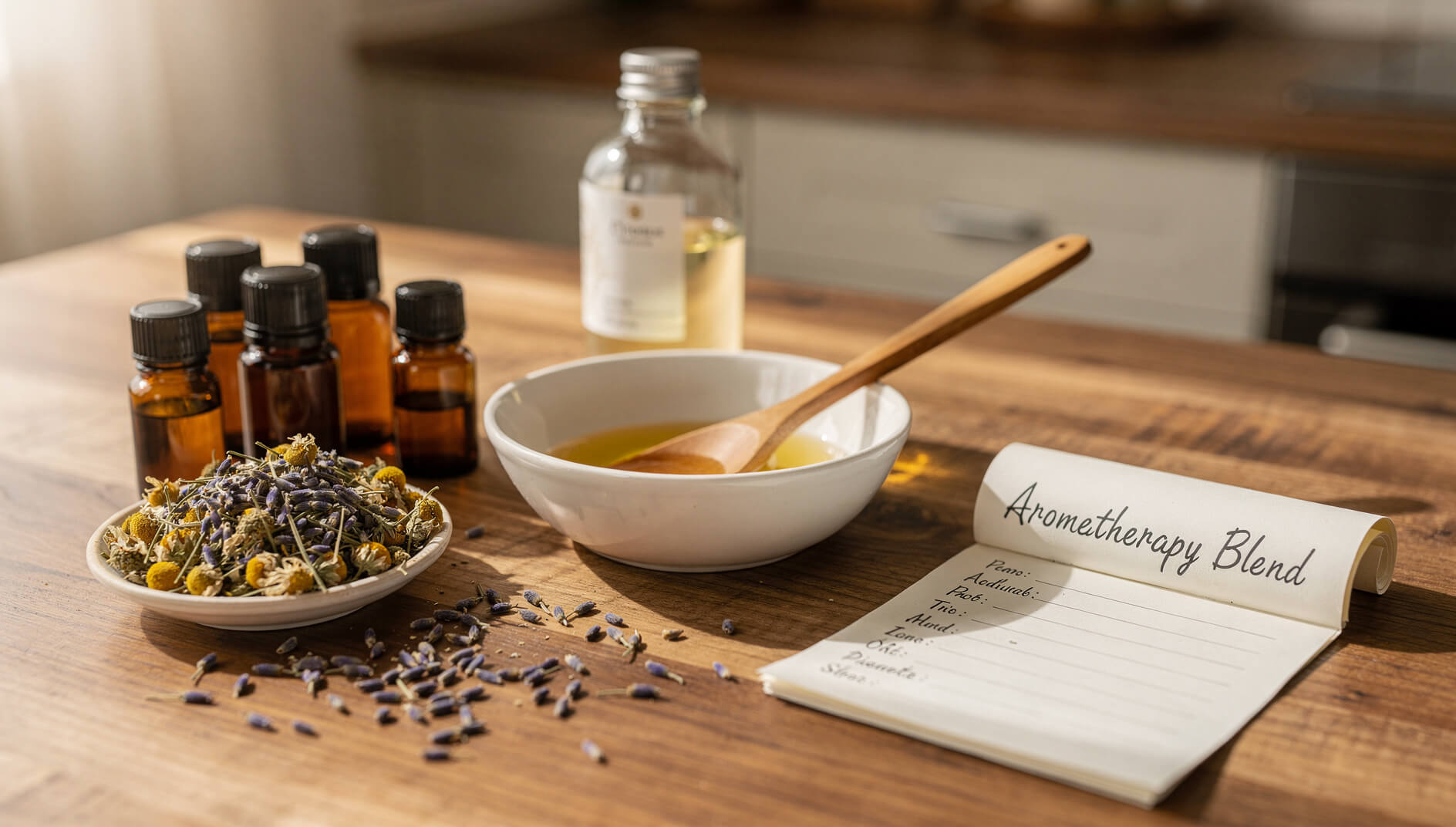 DIY anti-inflammatory essential oil blend ingredients and mixing station