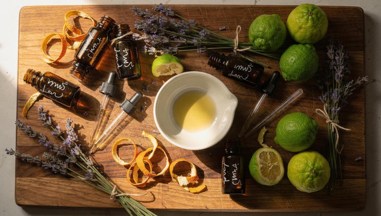DIY essential oil blending station with bergamot, lavender, and mixing supplies
