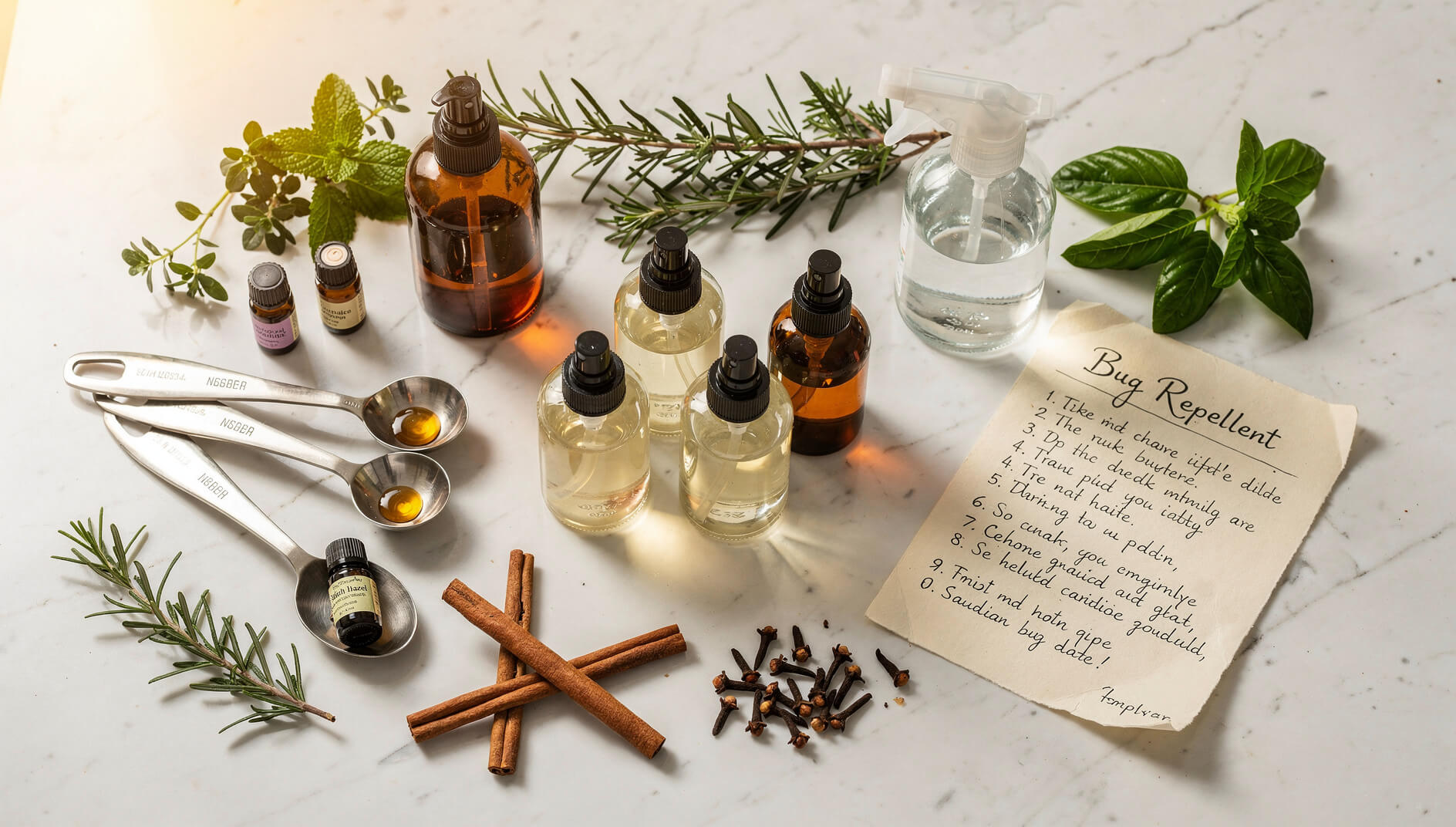 DIY bug repellent ingredients including essential oils witch hazel and fresh herbs