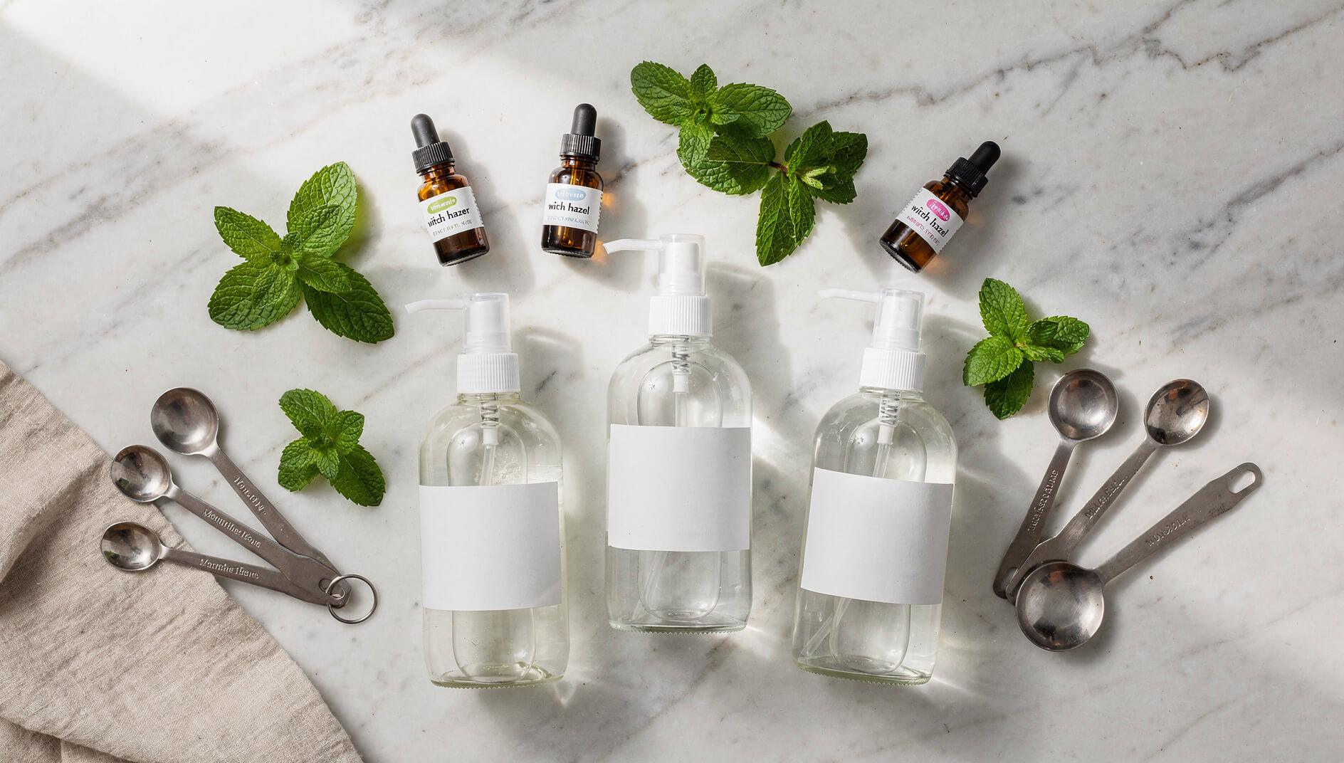 DIY peppermint spider repellent recipe ingredients flat lay