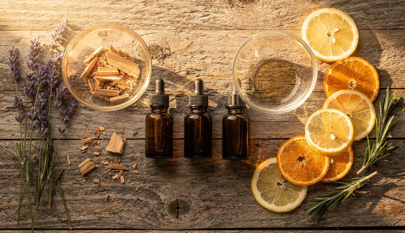 Essential oil bottles with fresh herbs and citrus arranged on a rustic wooden table