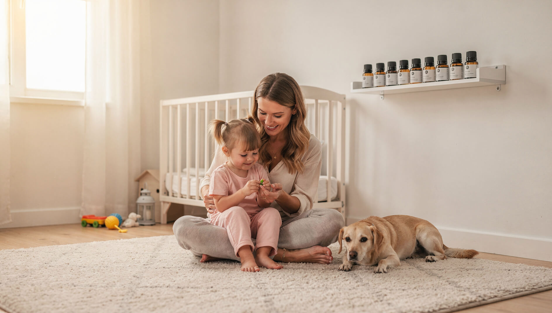 Peaceful family home with essential oils safely stored for children and pets