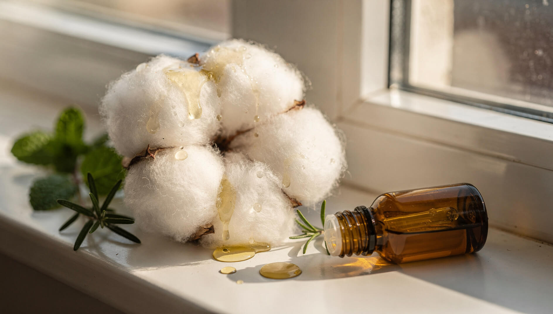 Cotton balls soaked in essential oil near window frame for spider prevention
